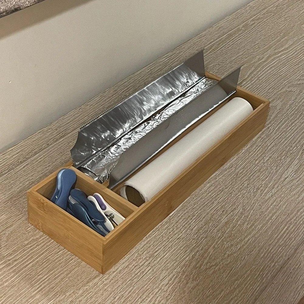 Plastic Wrap & Foil wrap Dispenser Bamboo Cling Film Storage Box With Cutter
